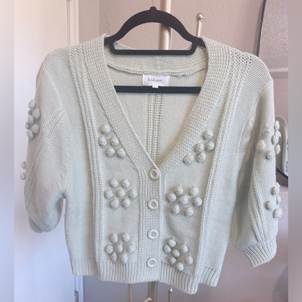 Like New Bohme Cropped Short Sleeve Cardigan Sweater in Light Green - Size Large